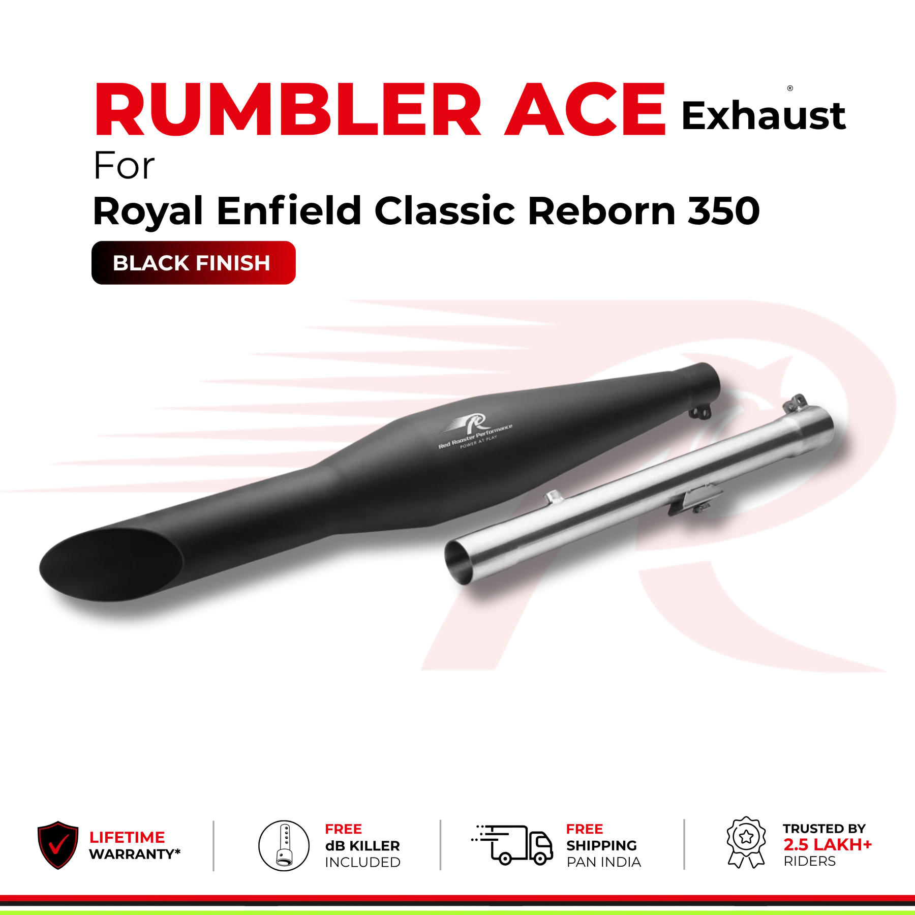 Red Rooster Rumbler Ace Exhaust for Royal Enfield Classic Reborn 350 - Black Finish — изображение 4