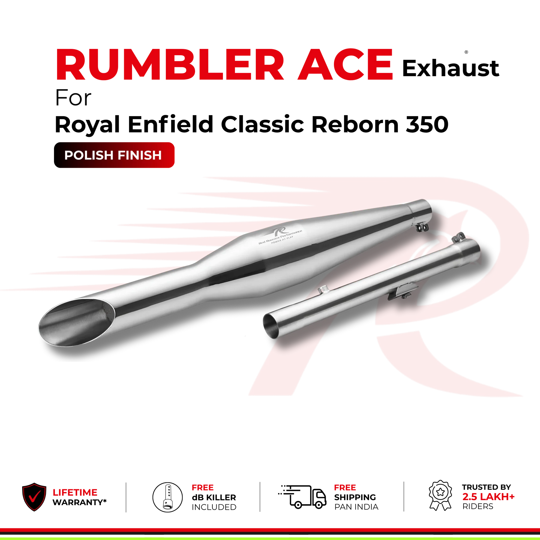 Red Rooster Rumbler Ace Exhaust for Royal Enfield Classic Reborn 350 - Polish Finish — изображение 4