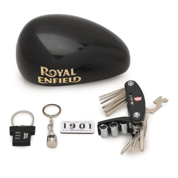 Image Royal Enfield Premium Welcome Kit wing logo piston keychain | MLG 1901 Fridge magnet | Number lock | Multi Tool allen key | For Gifitng Bike Enthusisats | Gift for man