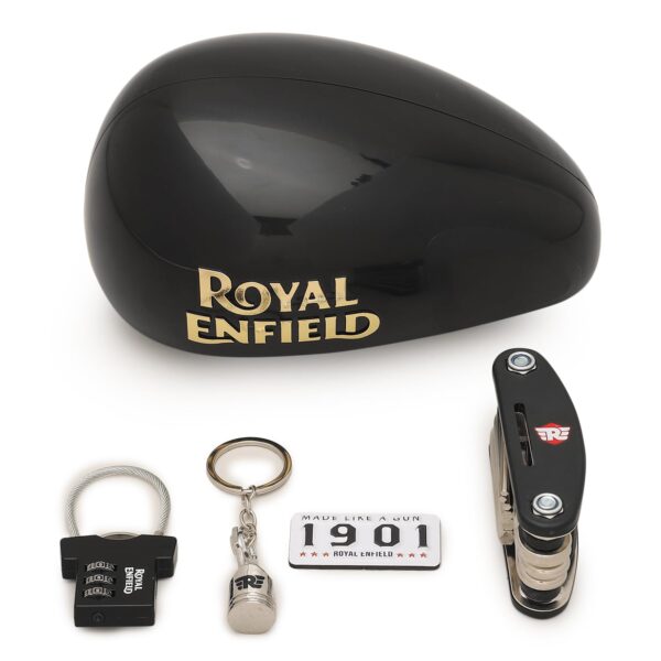 Image Royal Enfield Premium Welcome Kit wing logo piston keychain | MLG 1901 Fridge magnet | Number lock | Multi Tool allen key | For Gifitng Bike Enthusisats | Gift for man