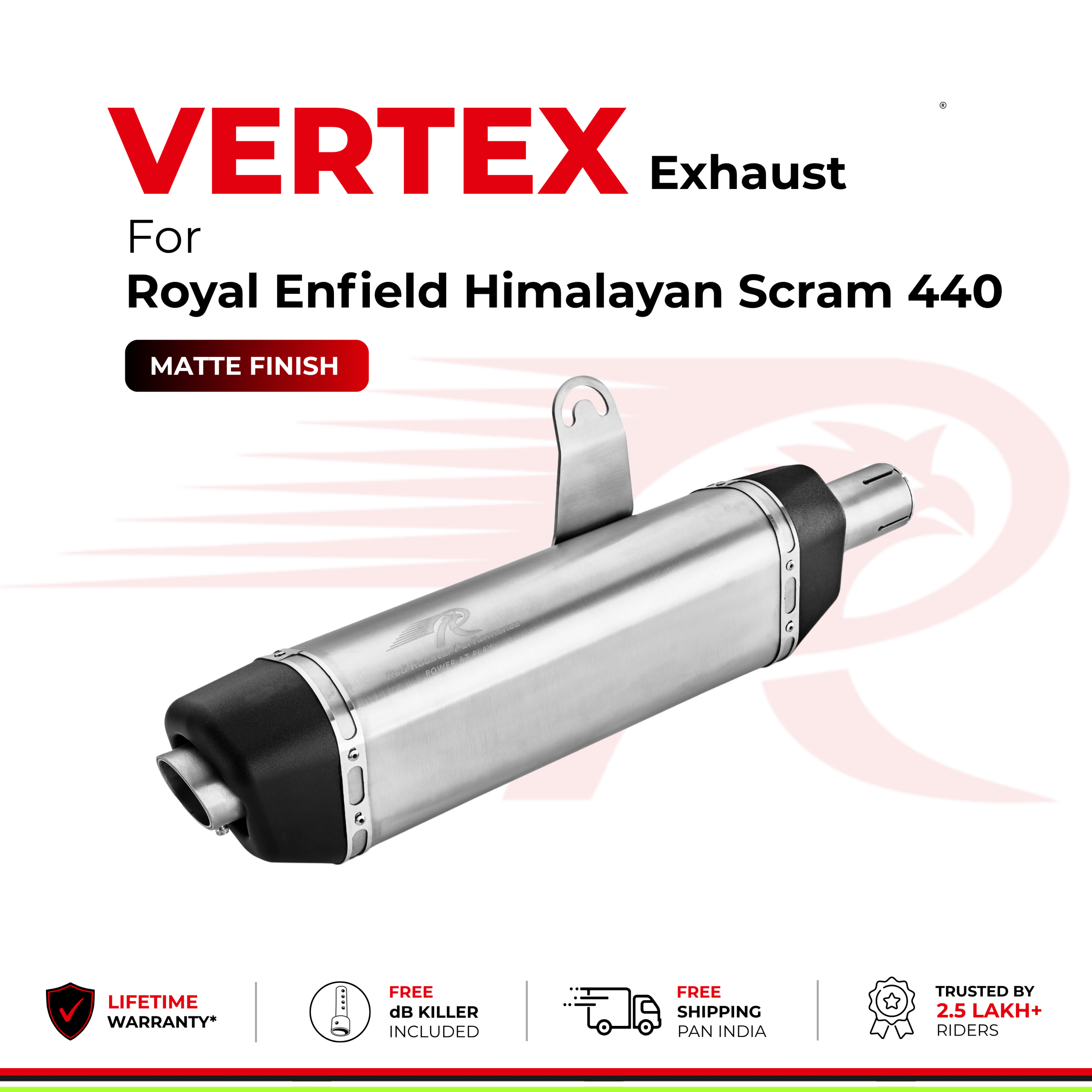 Image Red Rooster Vertex Exhaust for Royal Enfield Scram 440 - Matte Finish