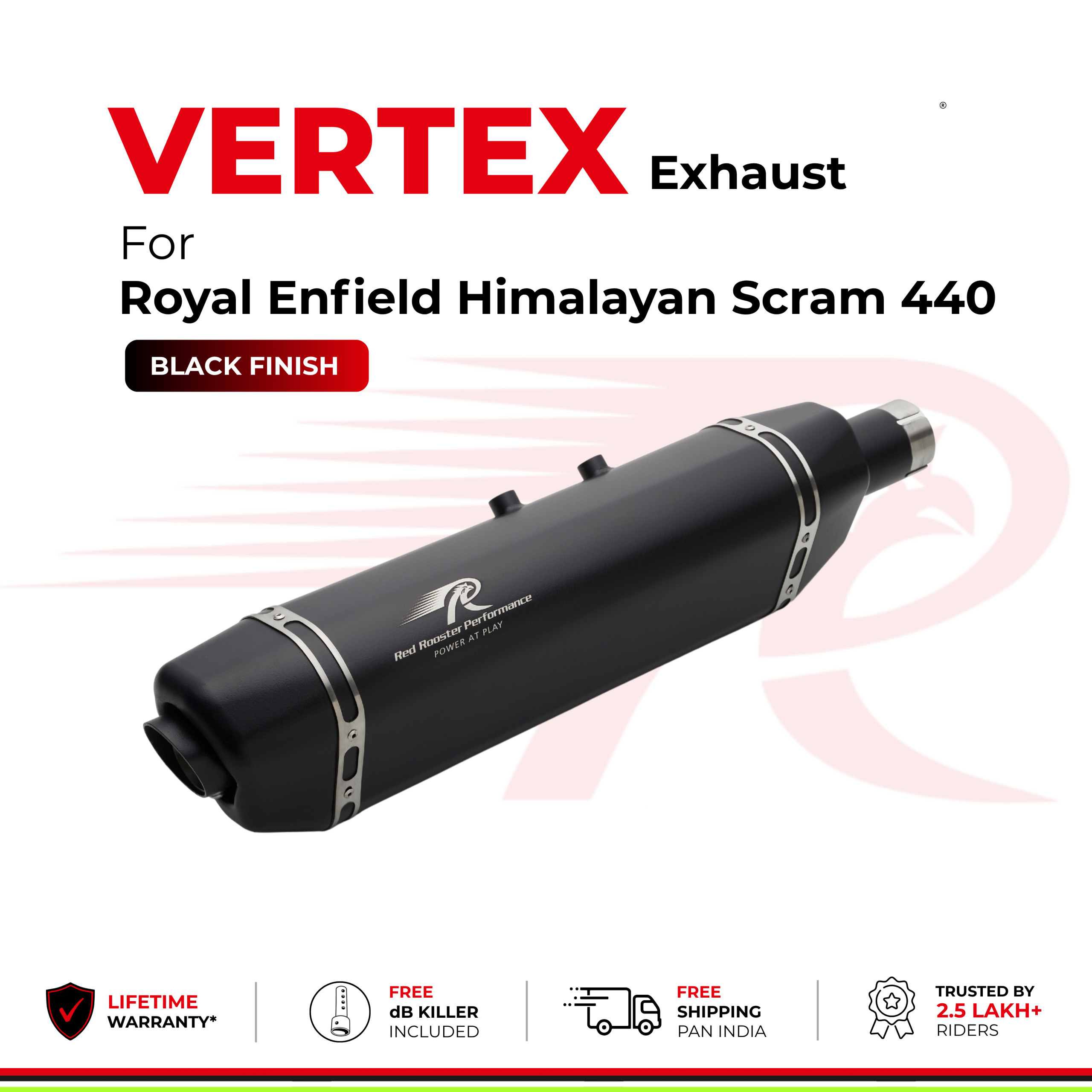 Image Red Rooster Vertex Exhaust for Royal Enfield Scram 440 - Black Finish