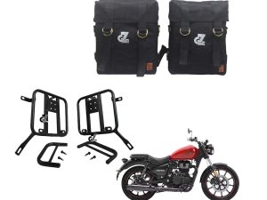 Image Canvas Premium Pannier Bag with Mild Steel Saddle Stay Compatible with Royal Enfield Meteor 350 All Models