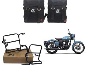 Image Canvas Premium Pannier Bag with Mild Steel Saddle Stay Compatible with Royal Enfield Old Classic 350/500 All Models