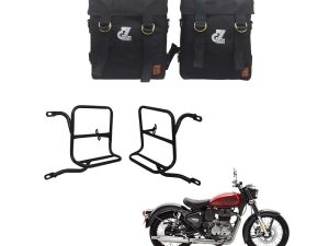 Image Canvas Premium Pannier Bag with Mild Steel Saddle Stay Compatible with Royal Enfield New Classic 350 All Models