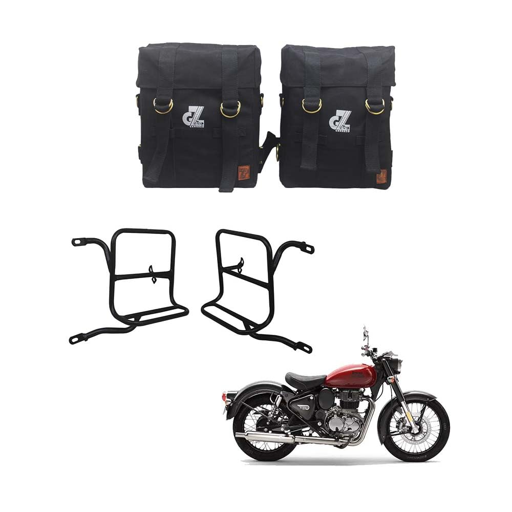Image Canvas Premium Pannier Bag with Mild Steel Saddle Stay Compatible with Royal Enfield New Classic 350 All Models
