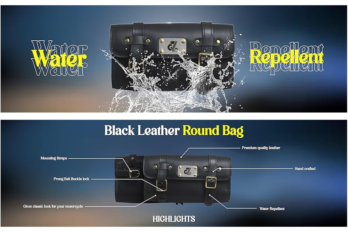 Image Premium Leather Bike Side/Rear Saddle Bag Round Style Tool Bag Storage Tool Pouch With2 Strap Compatible with Royal Enfield New Classic Reborn & Meteor 350