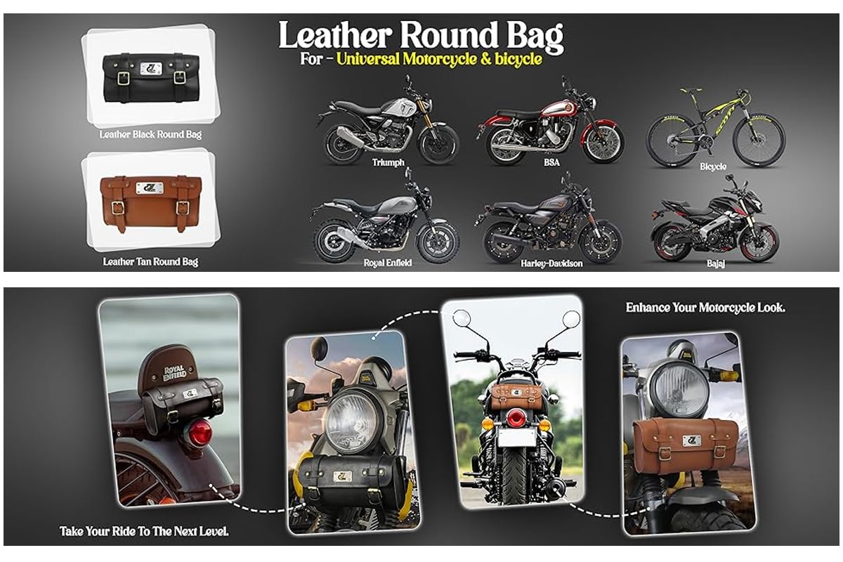 Image Premium Leather Bike Side/Rear Saddle Bag Round Style Tool Bag Storage Tool Pouch With2 Strap Compatible with Royal Enfield New Classic Reborn & Meteor 350