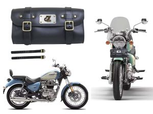 Image Premium Leather Bike Side/Rear Saddle Bag Round Style Tool Bag Storage Tool Pouch With2 Strap Compatible with Royal Enfield New Classic Reborn & Meteor 350