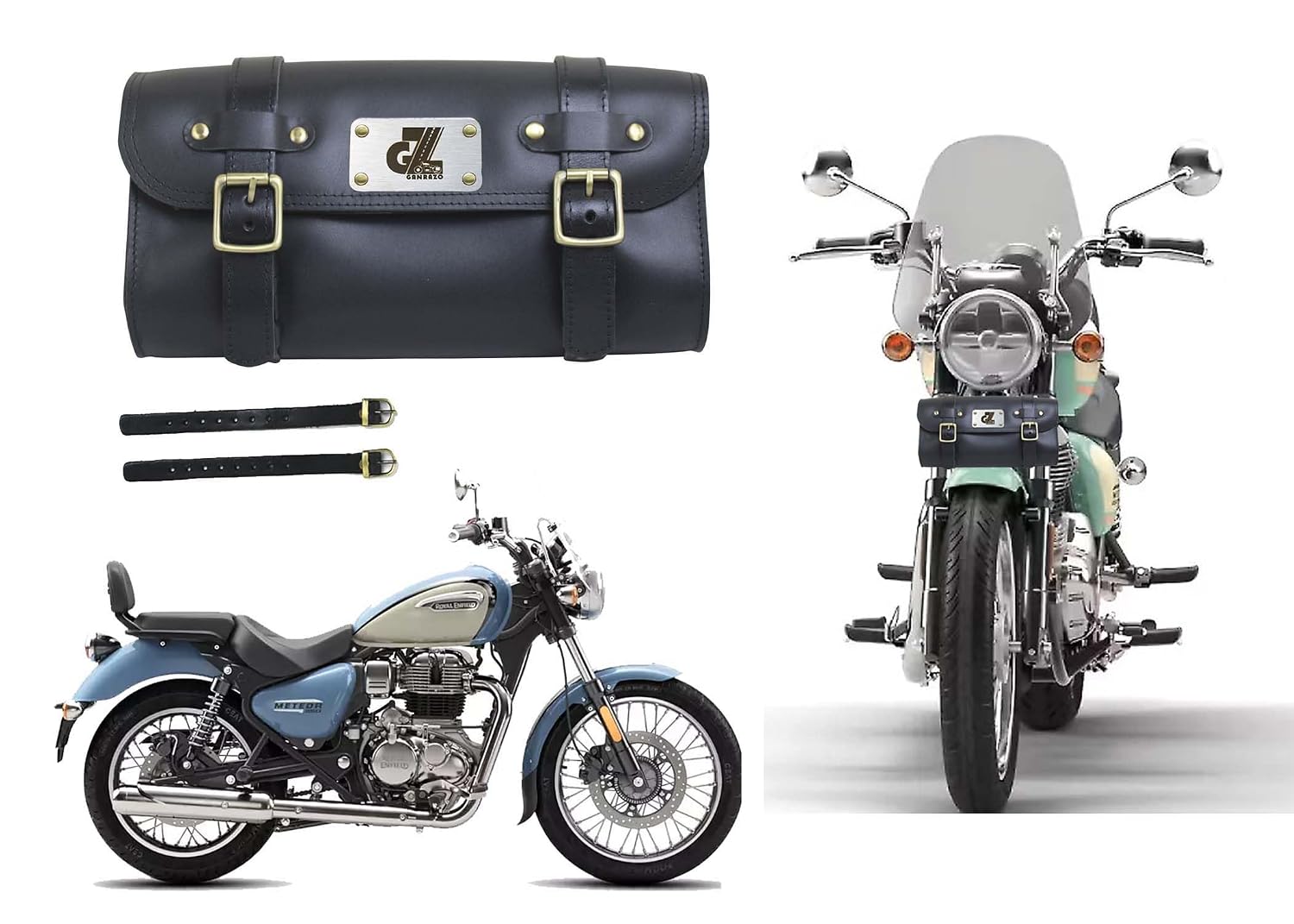 Image Premium Leather Bike Side/Rear Saddle Bag Round Style Tool Bag Storage Tool Pouch With2 Strap Compatible with Royal Enfield New Classic Reborn & Meteor 350
